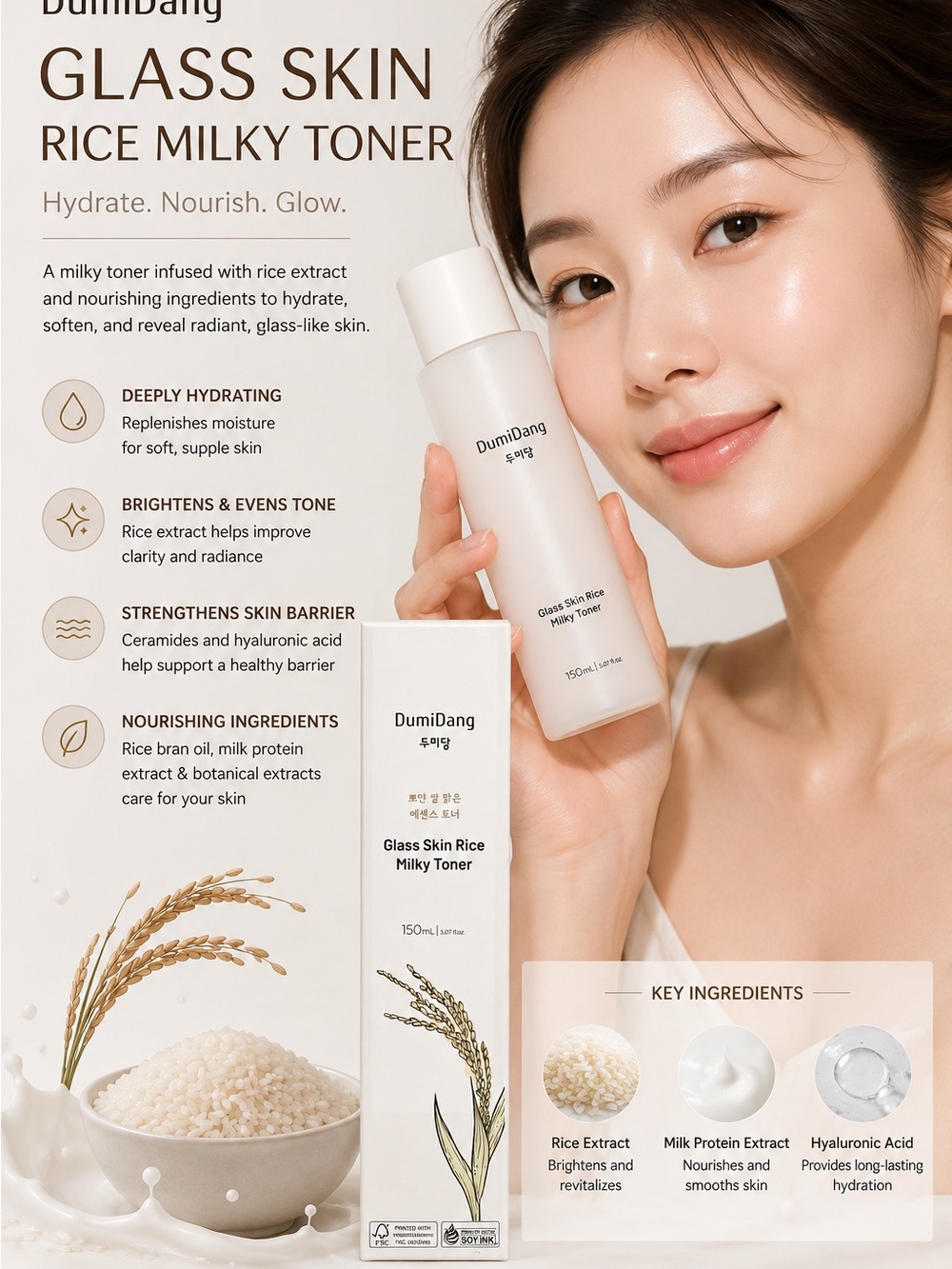 DumiDang Glass Skin Rice Milky Toner Hydrates Nourishes Lasting Supple 150ml